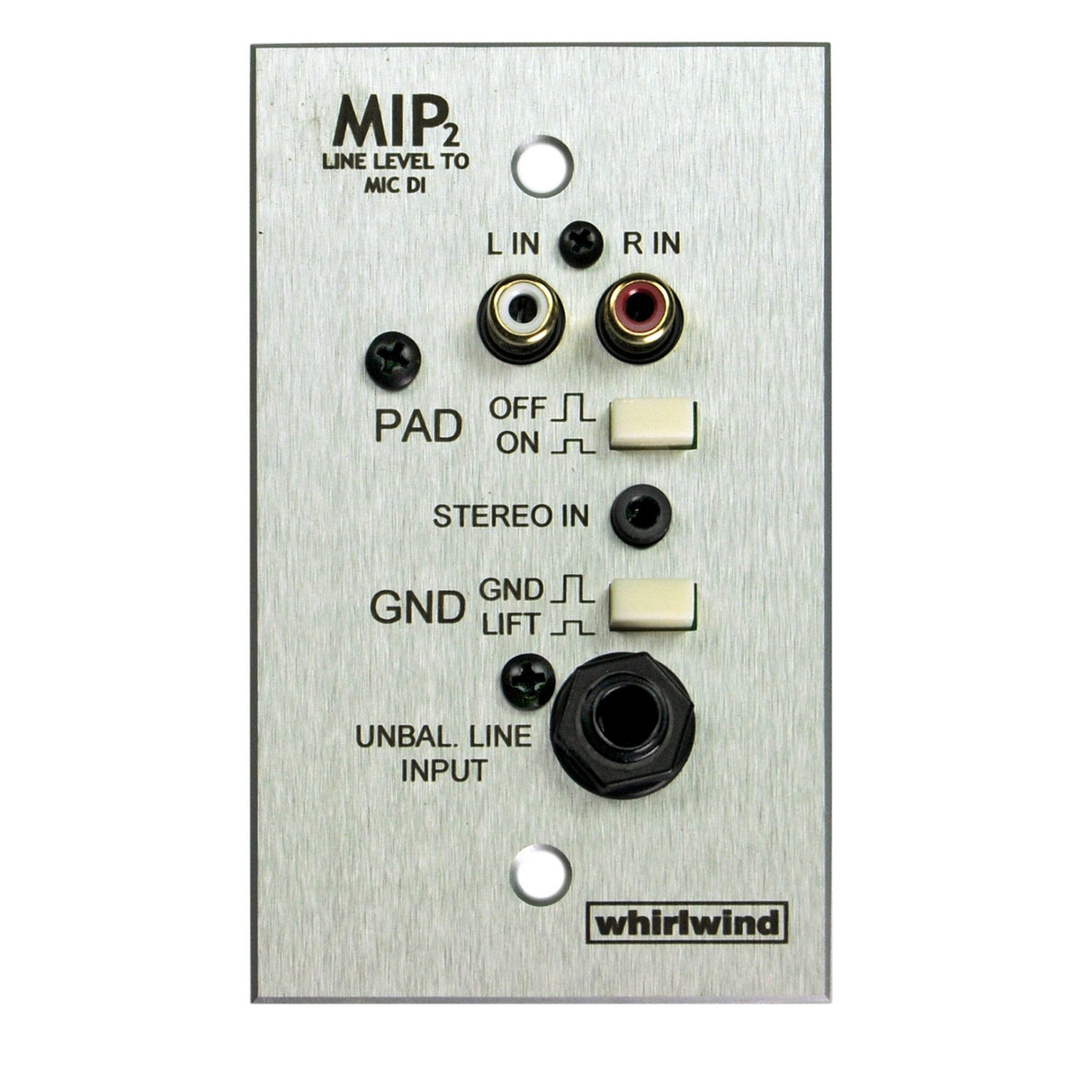 Whirlwind MIP2S 1-Gang Wall Input Plate with 3.5mm TRS, Dual RCA, 1/4-Inch TS Inputs, Stainless