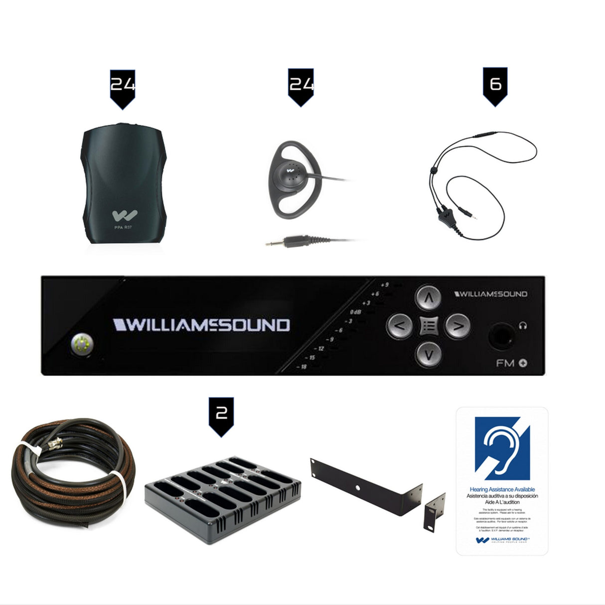 Williams AV FM 557-24 PRO D Large-Area Dual FM and Wi-Fi Assistive Listening Dante System with 24 FM R37 Receivers