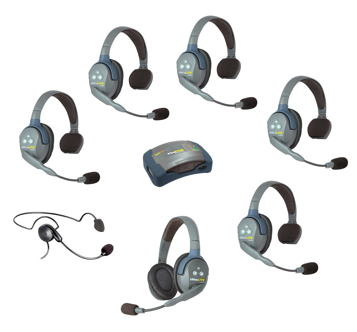 Eartec UltraLITE and HUB 7 Person System 5 Single 1 Double 1 Cyber Headset