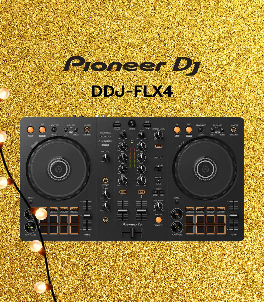 AVLGEAR Banner - Pioneer DJ DDJ-FLX4 DJ controller on a gold glitter background with string lights.