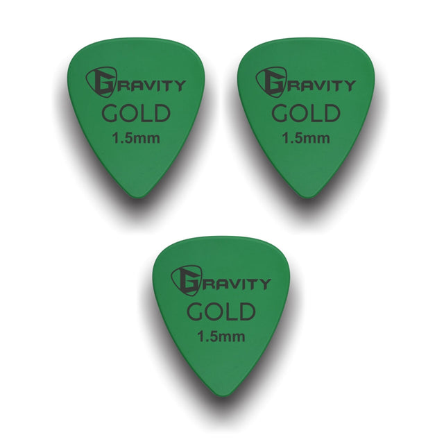 Gravity Picks GP15GR-3pk Colored Gold Series Picks Traditional 351 1.5mm Green 3-Pack - accessories