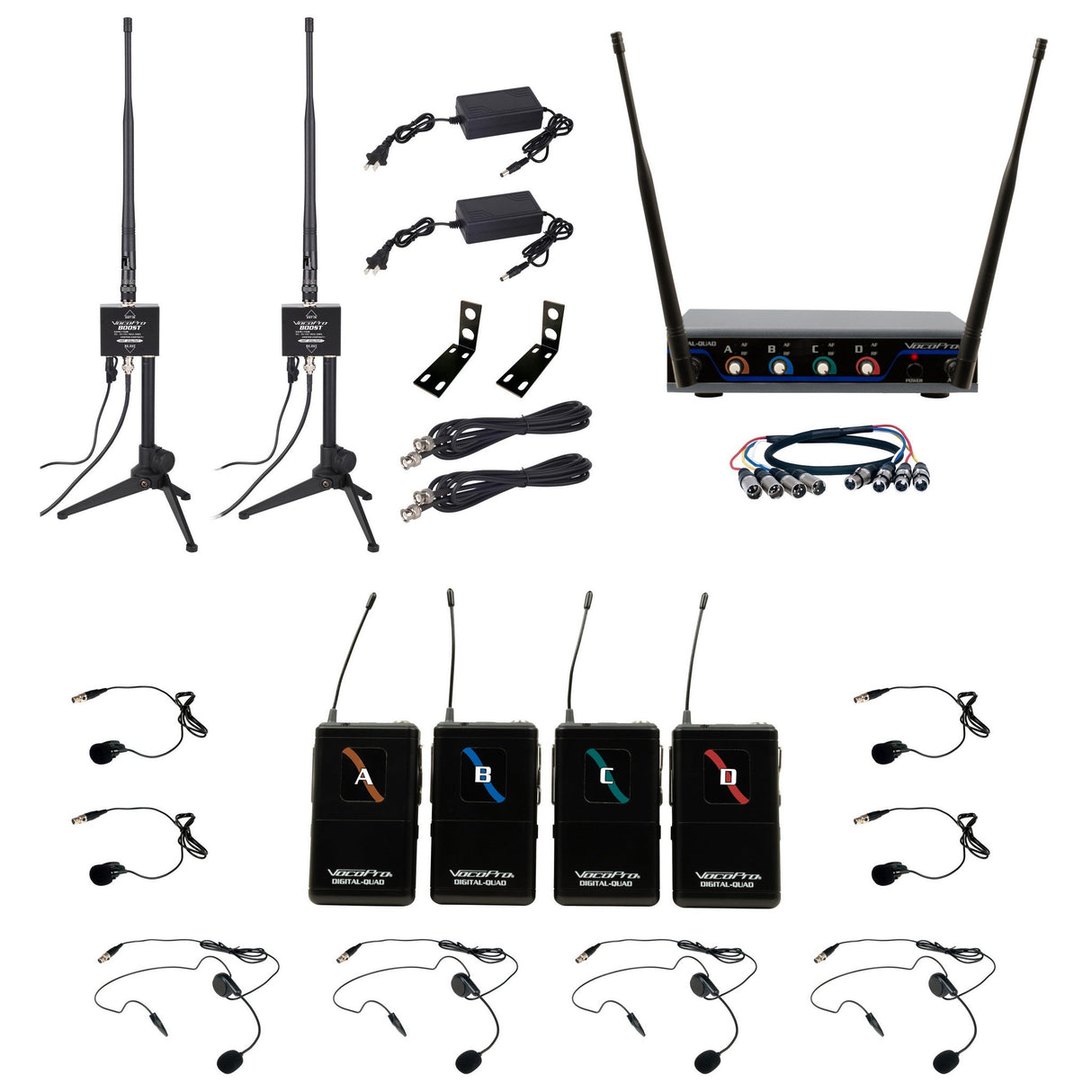 VocoPro BOOST-PLAY-4 Long-Range 4-Channel Digital Wireless Headset/Lavalier Microphone System, 902-927.2 MHz