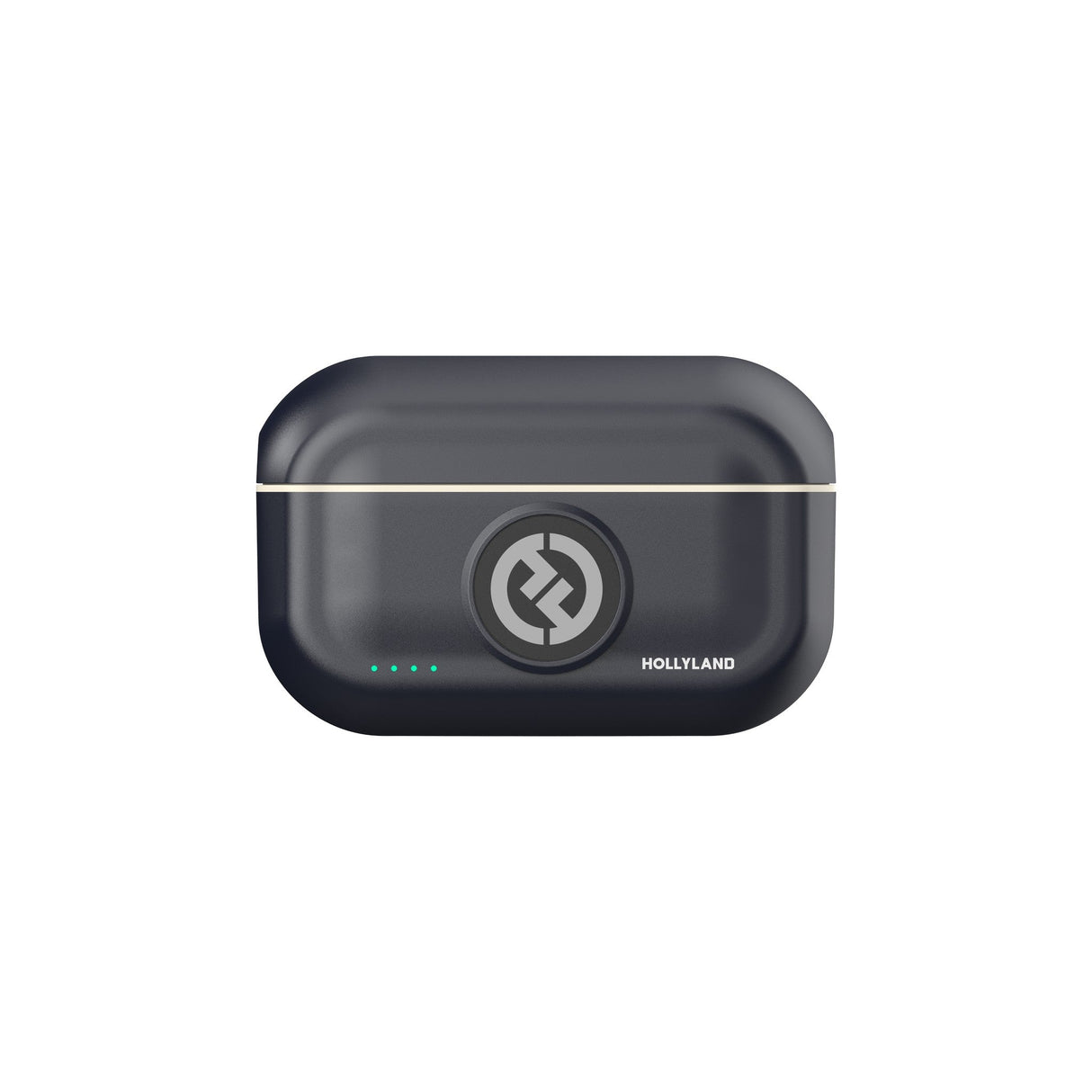 Hollyland Lark M2 shine charcoal charging case closed: compact black rectangular case with gold trim edges, centered Hollyland logo, blue status LED dots illuminated on front, portable design for wireless lavalier microphone system