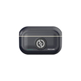 Hollyland Lark M2 shine charcoal charging case closed: compact black rectangular case with gold trim edges, centered Hollyland logo, blue status LED dots illuminated on front, portable design for wireless lavalier microphone system