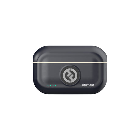 Hollyland Lark M2 shine charcoal charging case closed: compact black rectangular case with gold trim edges, centered Hollyland logo, blue status LED dots illuminated on front, portable design for wireless lavalier microphone system