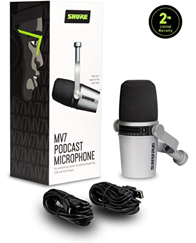 Shure MV7-S XLR/USB Dynamic Podcasting Microphone, Silver