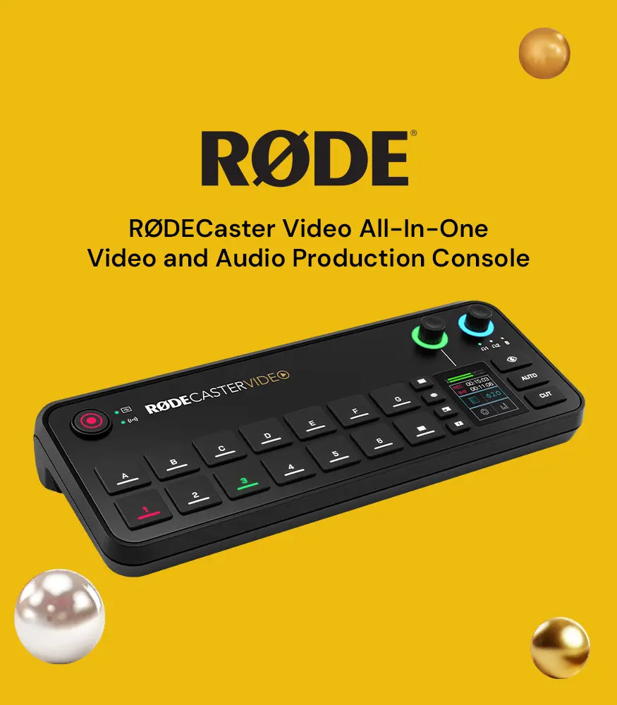 AVLGEAR Banner - Røde Rødecaster Video console on a yellow background