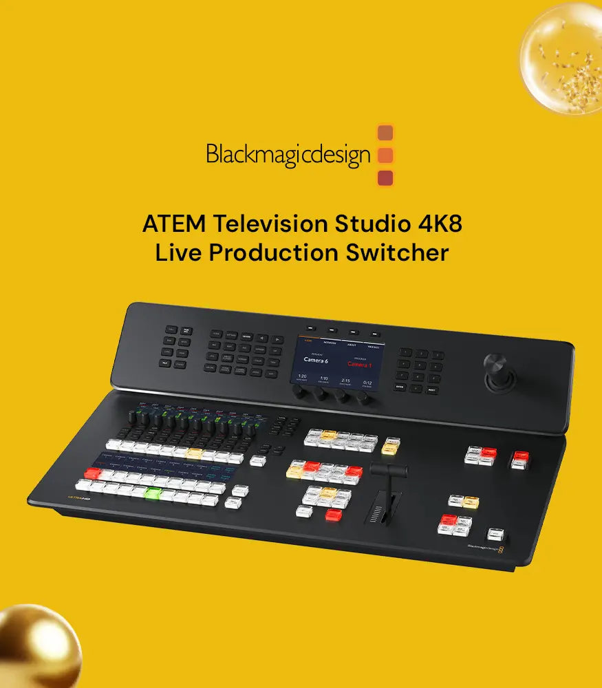 AVLGEAR Banner - Blackmagicdesign ATEM Television Studio 4K8 Live Production Switcher on a yellow background