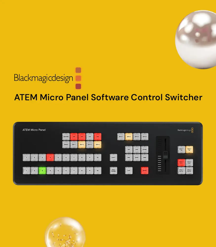 AVLGEAR Banner - Blackmagicdesign ATEM Micro Panel Software Control Switcher on a yellow background