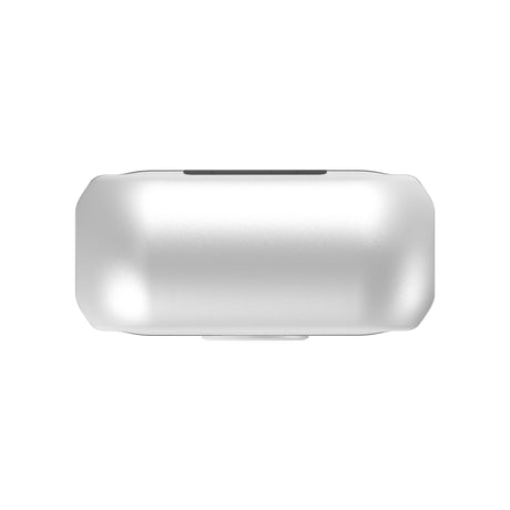 Hollyland Lark M2 shine white charging case top view open: empty white rectangular case with matte silver interior cradles for dual TX and RX units, compact portable design for Hollyland wireless lavalier microphone system