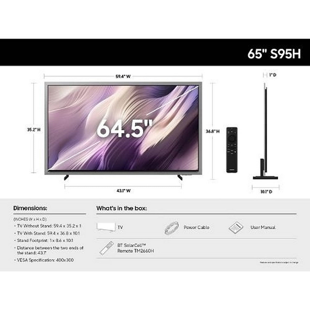 Samsung QN65S95HAFXZA S95H 4K OLED Smart TV, 65 Inch