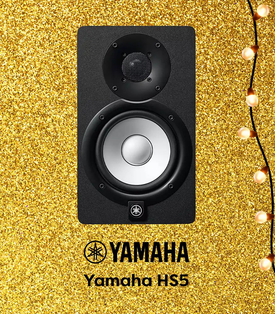 AVLGEAR Banner - Yamaha HS5 speaker on a gold glittery background with decorative lights.