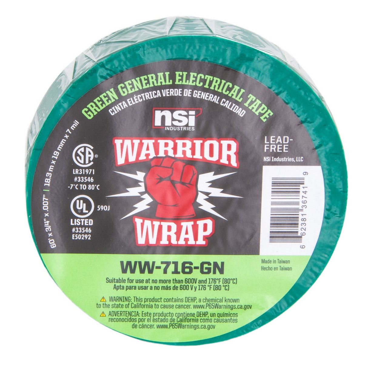 WarriorWrap WW-716-GN 716 General 7 mil Electrical Tape, Green, .75-Inch W x 60-Feet