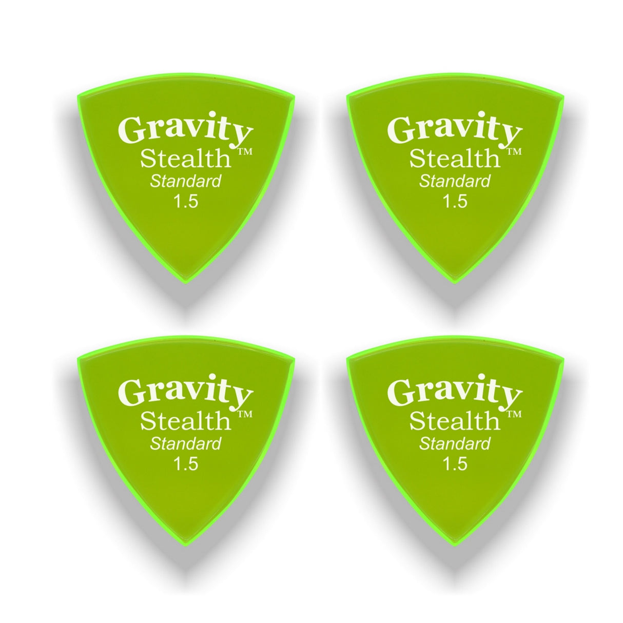 Gravity Picks GSSS15P-4pk Stealth Series Picks, Polished, Standard Size, 1.5mm, Fluorescent Green, 4-Pack