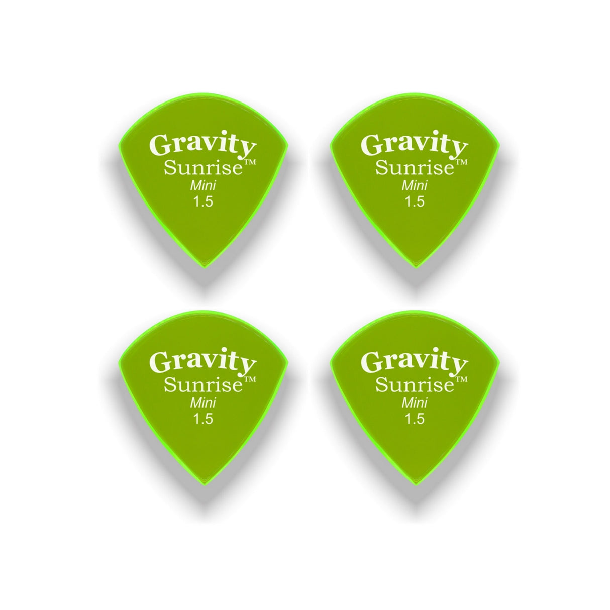 Gravity Picks GSUM15P-4pk Sunrise Series Picks, Polished, Mini Size, 1.5mm, Fluorescent Green, 4-Pack