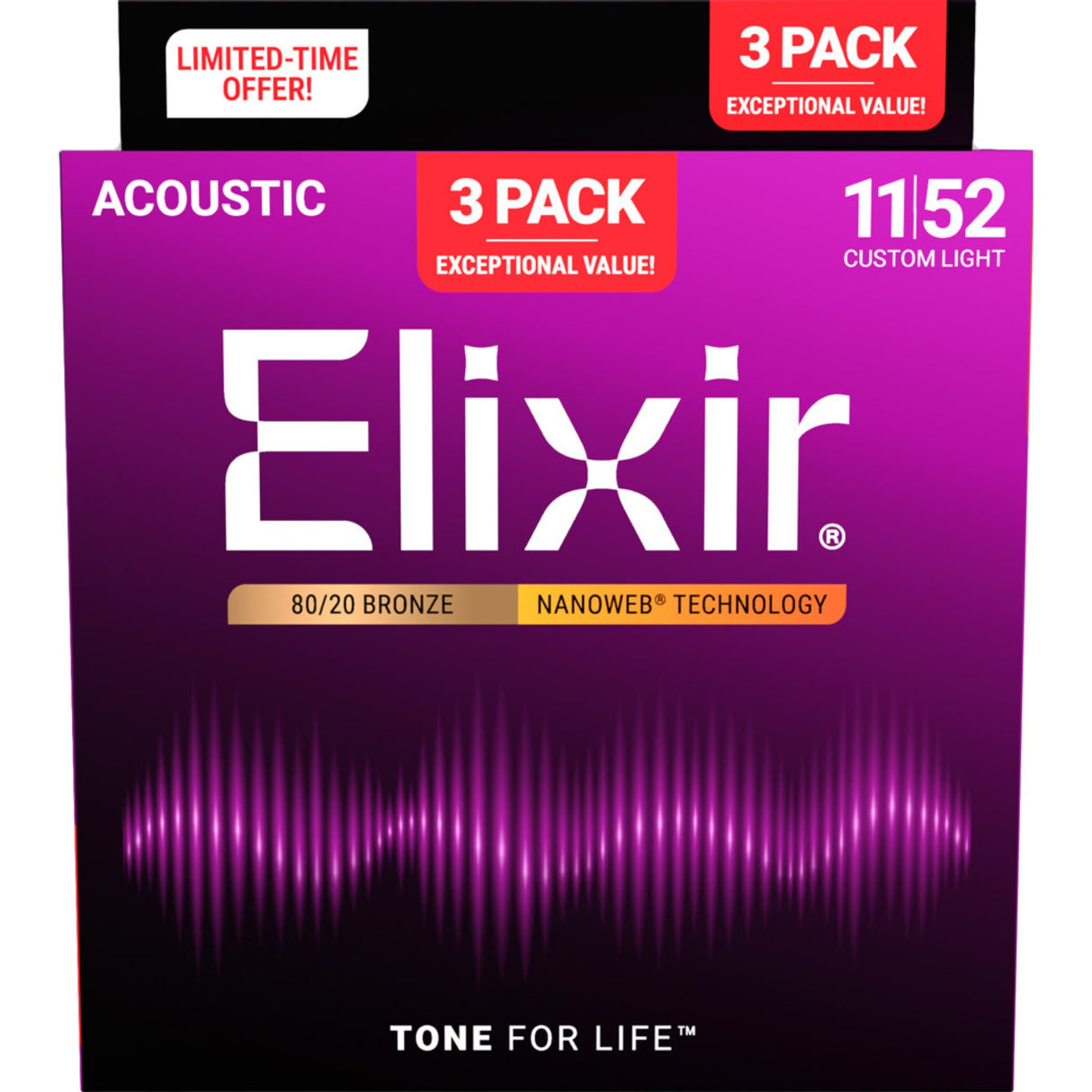 Elixir 16538X 80/20 Bronze NANOWEB Acoustic Guitar Strings 3-Pack - Custom Light (11-52)