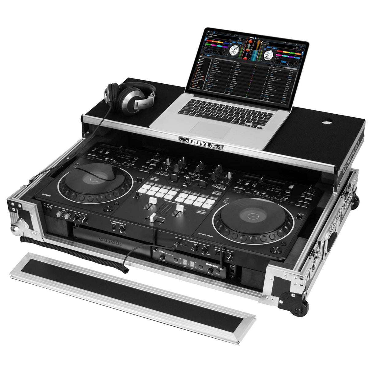 Odyssey DDJ-REV5 1U Flight Case with Glide Style Laptop Platform and Corner Wheels