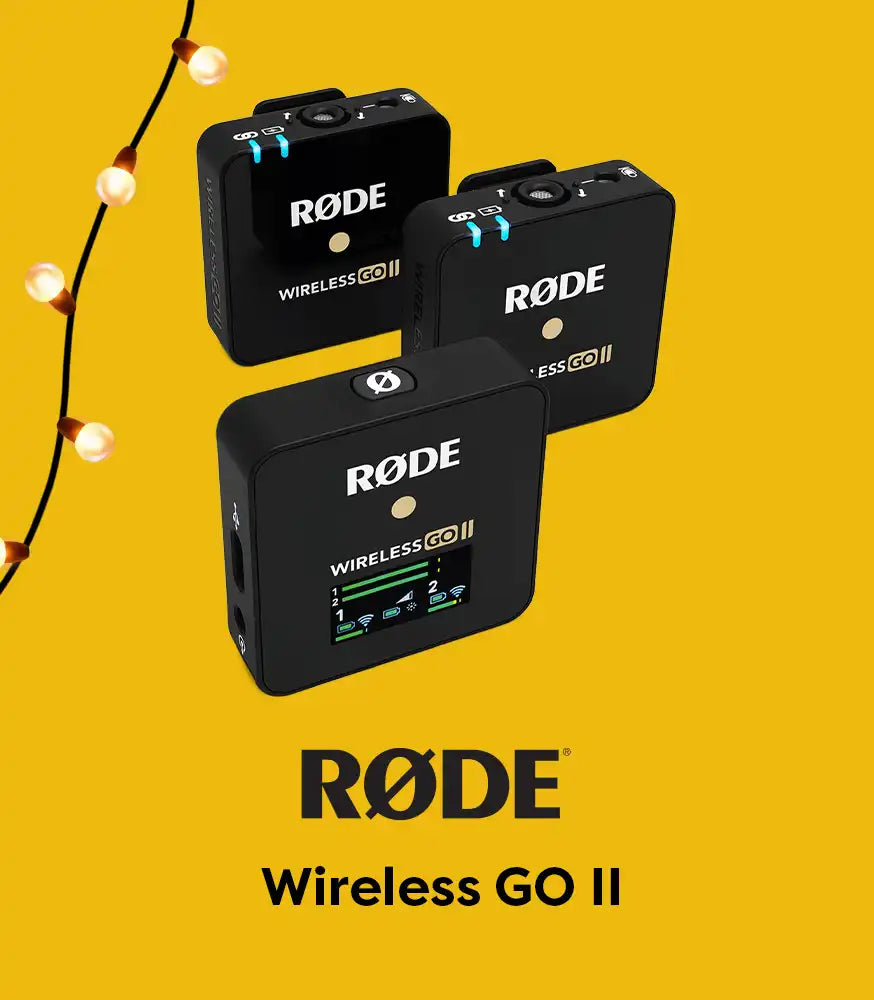 AVLGEAR Banner - Three RODE Wireless GO II devices on a yellow background with decorative lights.