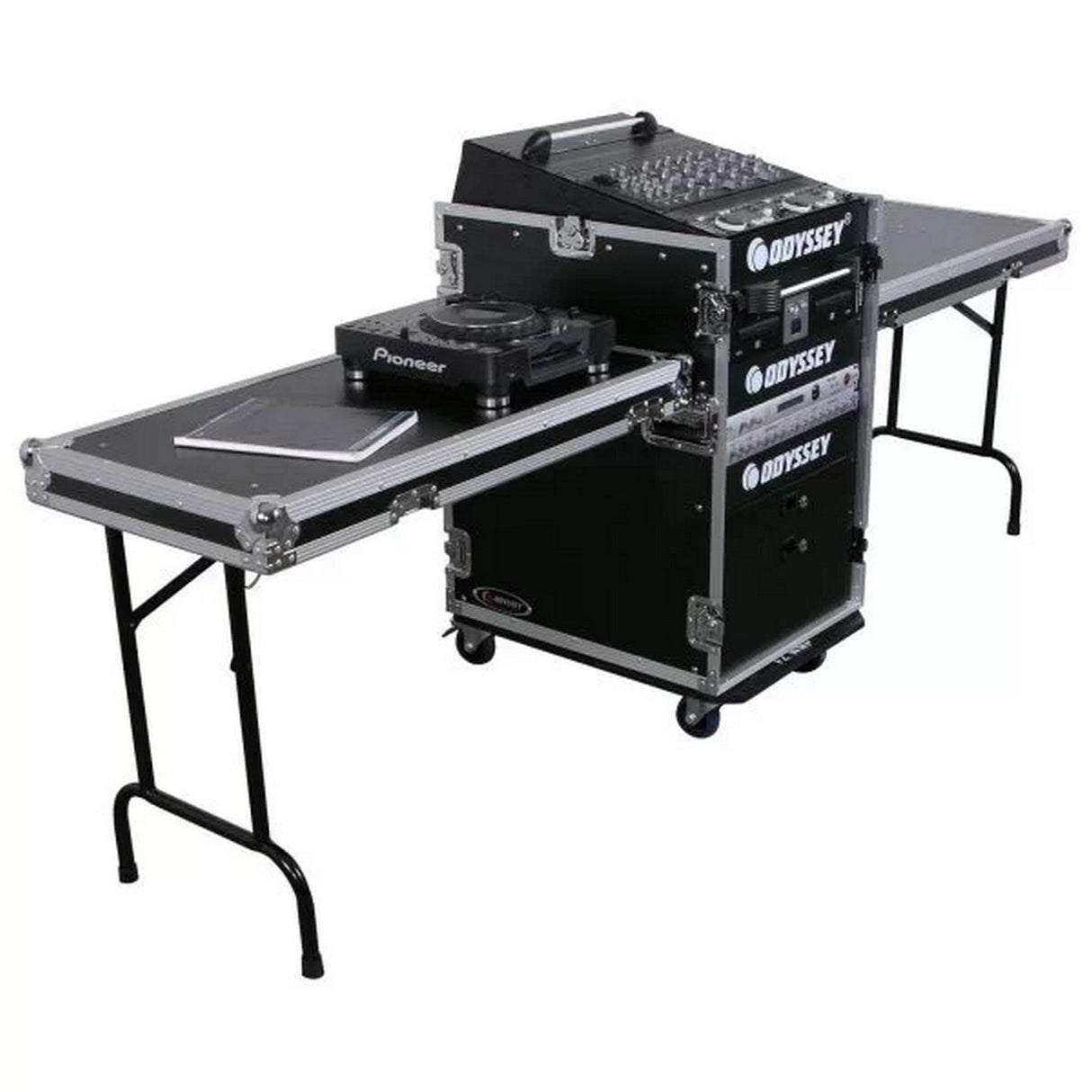 Odyssey Deluxe 13U Top Slanted 16U Bottom Vertical Pro Combo Rack with 2 Side Tables and Casters