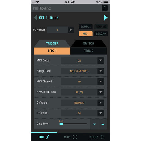 MIDI settings screen on a smartphone with Roland branding