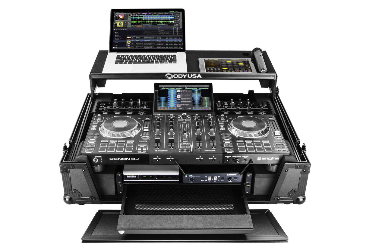 Odyssey Denon Prime 4 Black Flight Case with Patented Glide Laptop Platform and 2U Rack Spaces