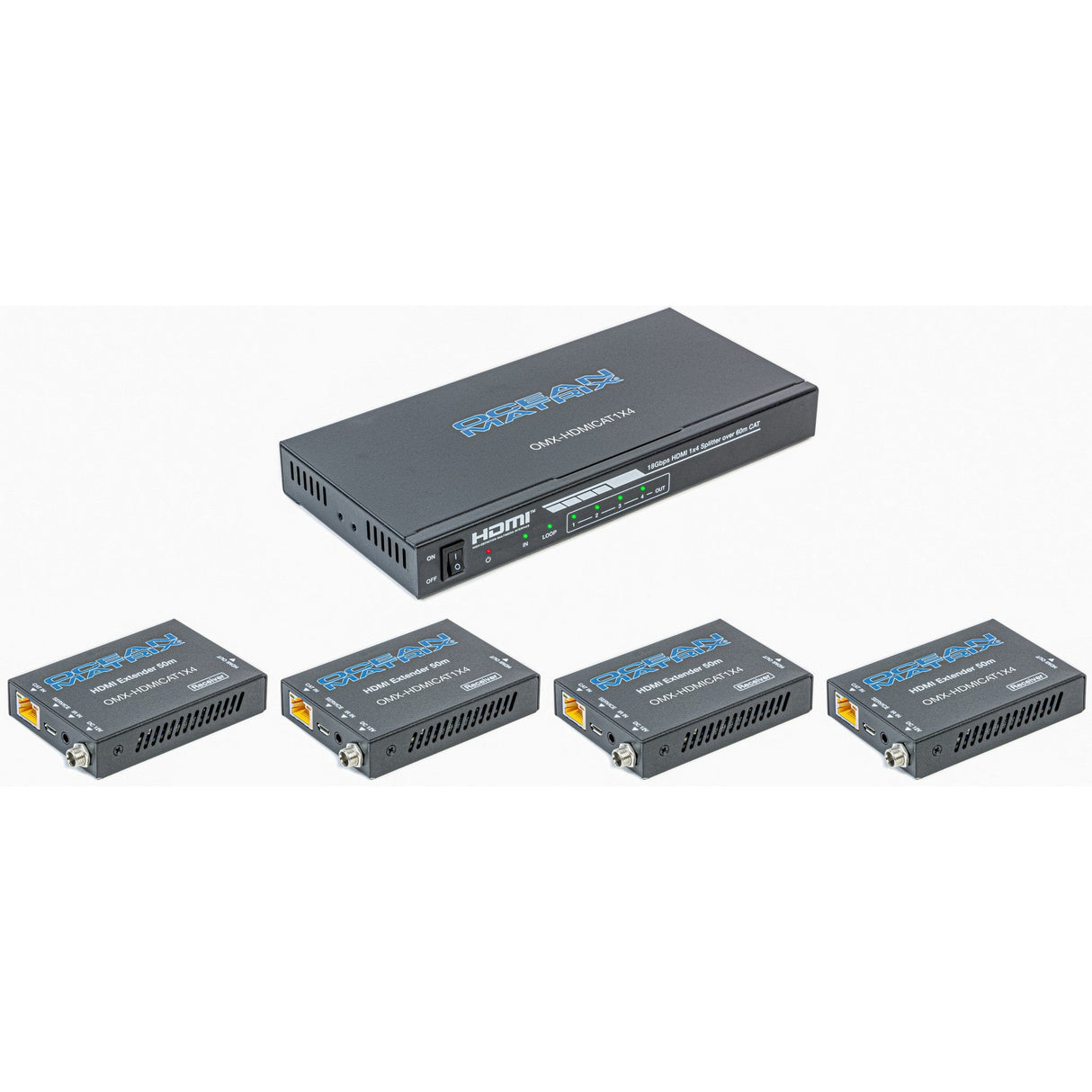 Ocean Matrix OMX-HDMICAT1X4 HDMI 18Gbps 1 x 4 Splitter and CAT6/6a/7 Extender with 4 Receivers