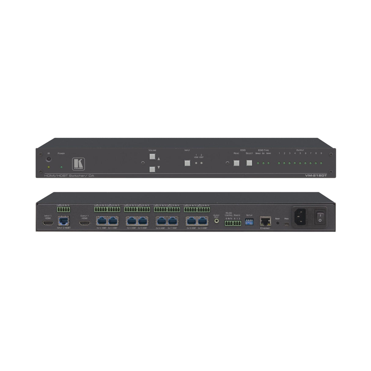 Kramer VM-218DT 2x1:8 4K60 4:2:0 HDMI and Long-Reach HDBaseT, RS-232, IR and Stereo Audio Switchable DA