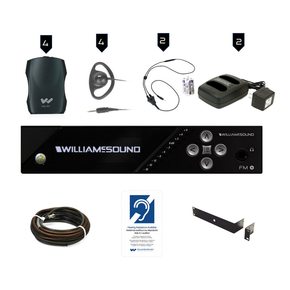 Williams AV FM 557 PRO D Large-Area Dual FM and Wi-Fi Assistive Listening Dante System with 4 FM R37 Receivers