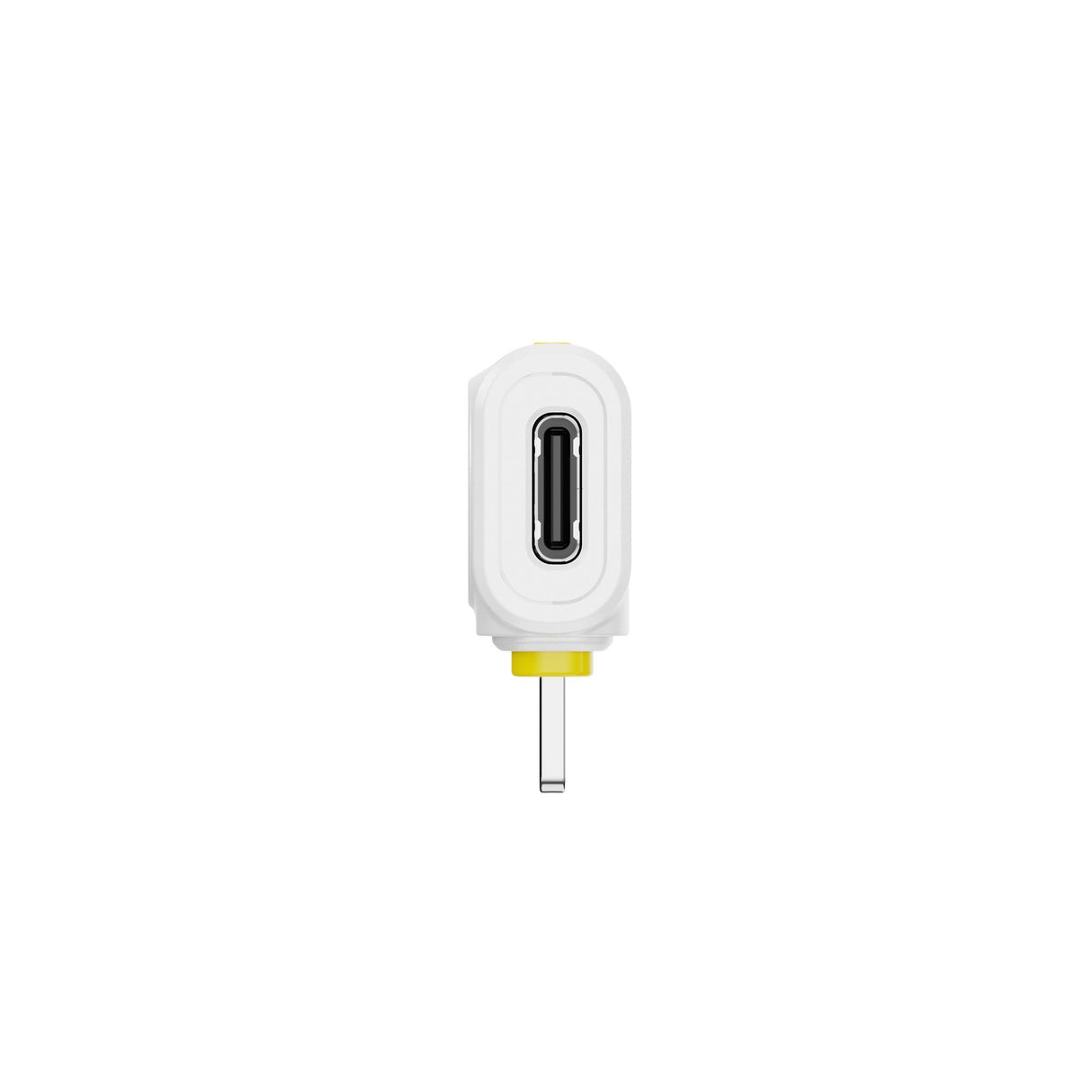 Hollyland Lark M2 shine white Lightning receiver front side view: white dongle with recessed USB-C charging port, yellow frame accents, slim Lightning plug extension visible, designed for seamless iOS wireless microphone connectivity