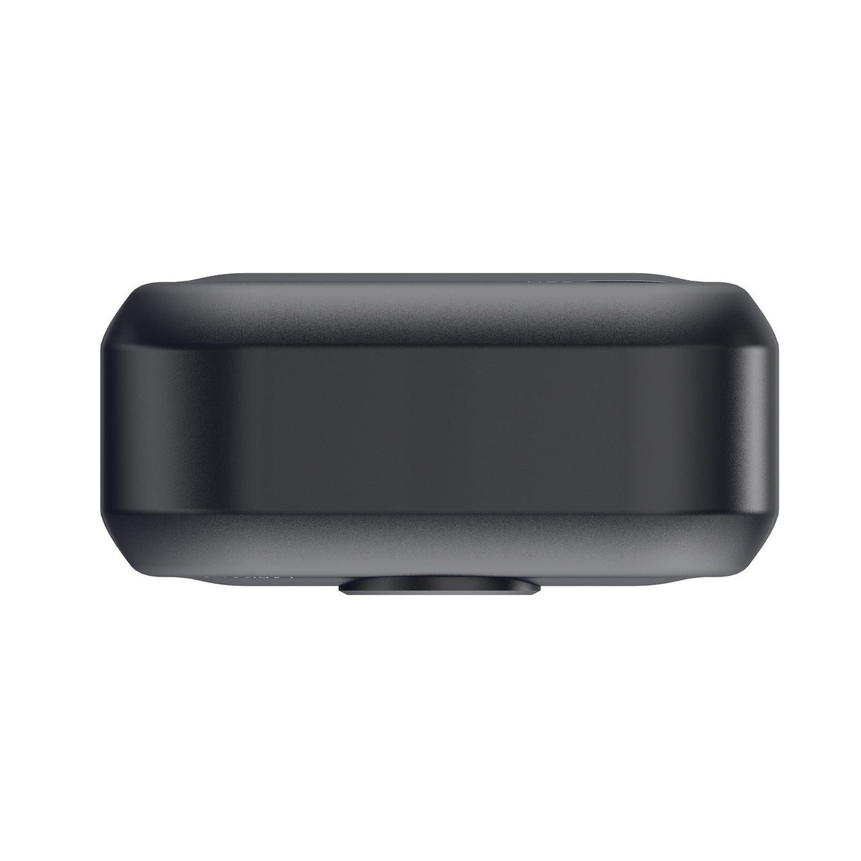 Hollyland Lark M2 shine charcoal charging case top-down view closed: matte black rectangular case with rounded chamfered edges, slim low-profile design for pocketable wireless lavalier microphone system storage