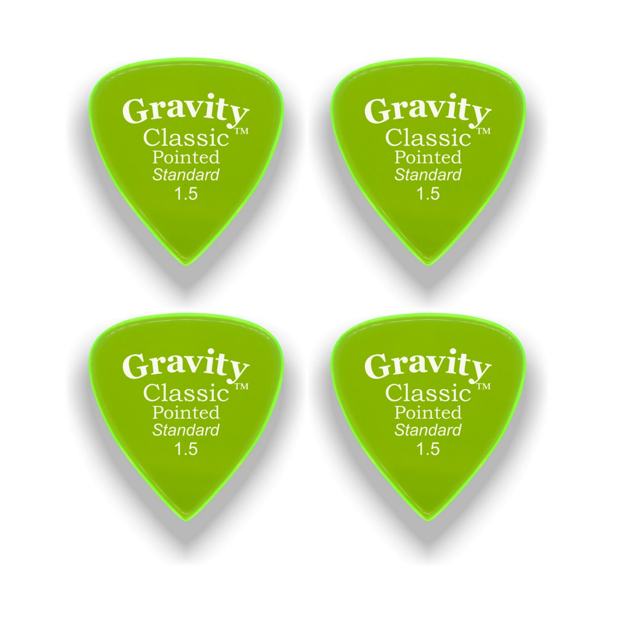 Gravity Picks GCPS15P-4pk Classic Pointed Picks, Polished, 1.5mm, Fluorescent Green, 4-Pack