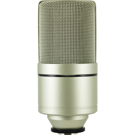 MXL 990 studio condenser microphone close-up showing mesh grille and champagne body