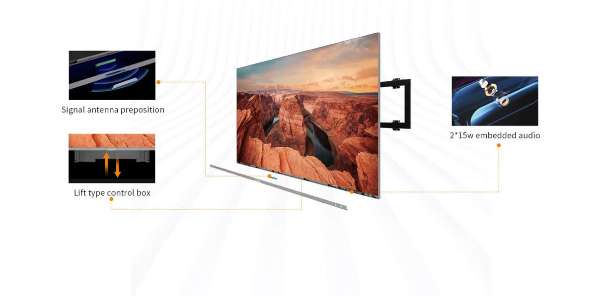 Absen Absenicon X136 136 inch interactive touch display - Smart TV with signal antenna, control box, and embedded audio features on a white background