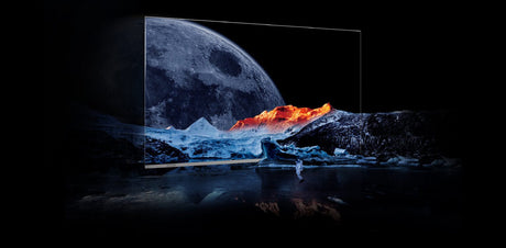 Absen Absenicon X136 136 inch interactive touch display TV screen displaying a dramatic scene of a fiery landscape with a large moon.