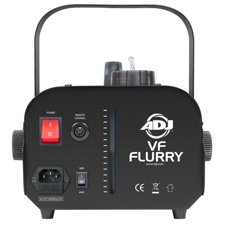 ADJ VF Flurry 600W mobile snow machine with 2 to 5 meter spray distance low high output switch 1L fluid tank and wired remote