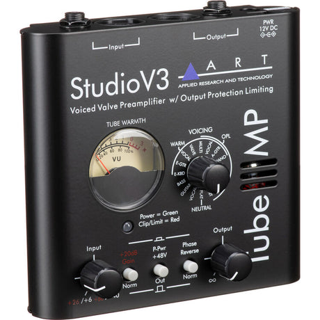 ART Tube MP Studio V3 voiced valve preamplifier with V3 voicing presets, +48V phantom power, phase reverse, OPL limiting, 12AX7A tube, XLR and 1/4-inch I/O, and power supply