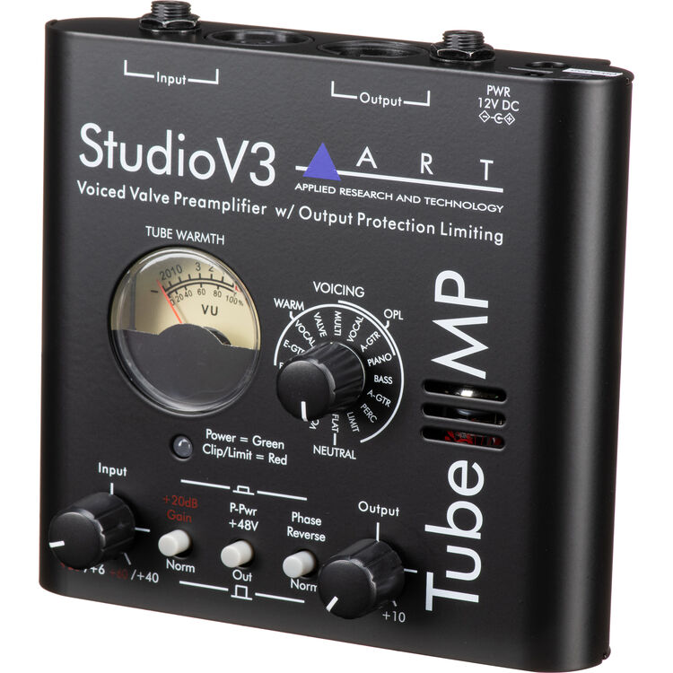 ART Tube MP Studio V3 voiced valve preamplifier with V3 voicing presets, +48V phantom power, phase reverse, OPL limiting, 12AX7A tube, XLR and 1/4-inch I/O, and power supply