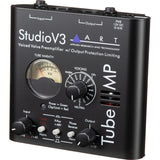 ART Tube MP Studio V3 voiced valve preamplifier with V3 voicing presets, +48V phantom power, phase reverse, OPL limiting, 12AX7A tube, XLR and 1/4-inch I/O, and power supply