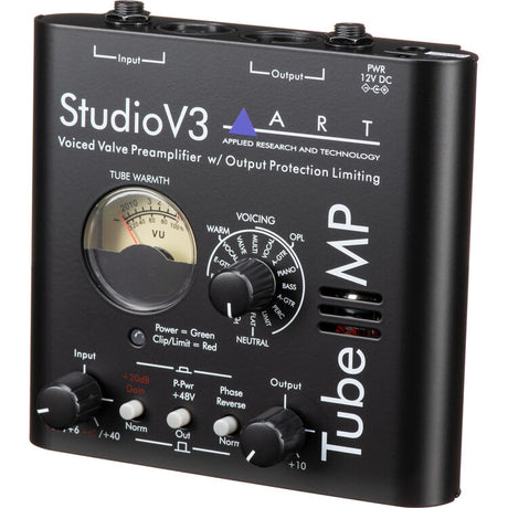 ART Tube MP Studio V3 voiced valve preamplifier with V3 voicing presets, +48V phantom power, phase reverse, OPL limiting, 12AX7A tube, XLR and 1/4-inch I/O, and power supply