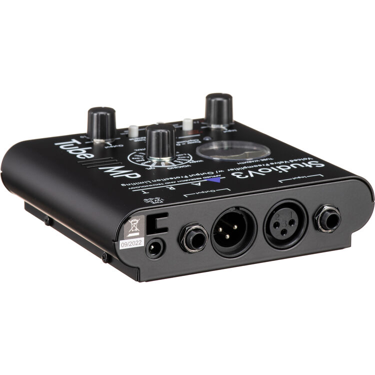 ART Tube MP Studio V3 voiced valve preamplifier with V3 voicing presets, +48V phantom power, phase reverse, OPL limiting, 12AX7A tube, XLR and 1/4-inch I/O, and power supply