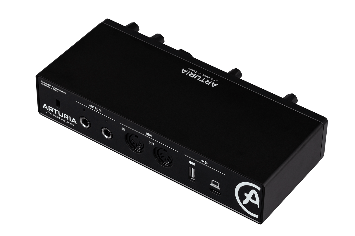 Arturia MiniFuse 2 black USB-C audio interface with dual combo inputs, 48V phantom power, MIDI I/O, USB-A hub, and software pack
