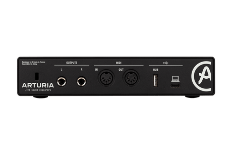 Arturia MiniFuse 2 black USB-C audio interface with dual combo inputs, 48V phantom power, MIDI I/O, USB-A hub, and software pack