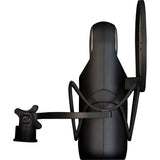 Aston Microphones Element side-fire cardioid studio microphone with active moving coil technology, unique capsule design, purple backlit badge, shock mount, and pop filter
