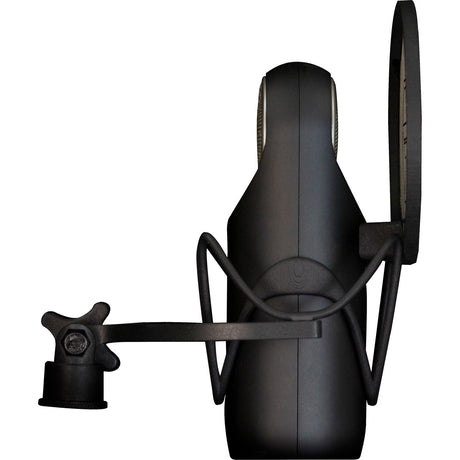 Aston Microphones Element side-fire cardioid studio microphone with active moving coil technology, unique capsule design, purple backlit badge, shock mount, and pop filter