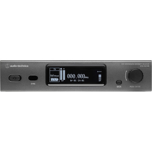 Audio-Technica ATW-R3210N DE2 dual-channel UHF true diversity wireless receiver for 3000 Series, front panel with gray metal chassis, central OLED display showing RF levels, battery meter, Sync button, power button, and channel controls
