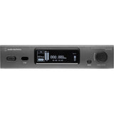 Audio-Technica ATW-R3210N DE2 dual-channel UHF true diversity wireless receiver for 3000 Series, front panel with gray metal chassis, central OLED display showing RF levels, battery meter, Sync button, power button, and channel controls