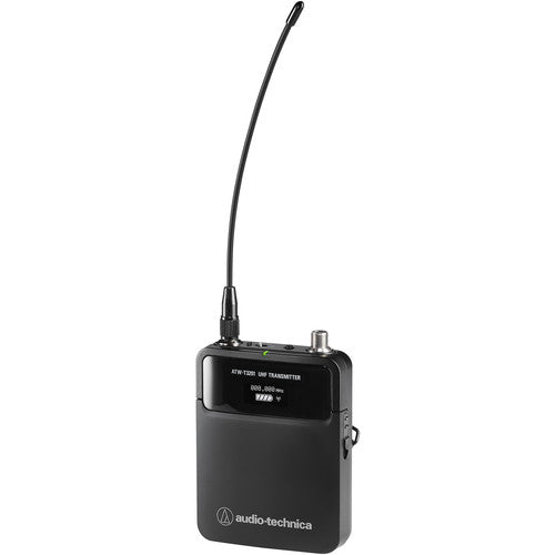 Audio-Technica ATW-T3202 DE2 bodypack wireless transmitter for 3000 Series, black compact design with flexible antenna, OLED display showing power high and mute status, cH-style input connector, belt clip, and Audio-Technica branding