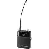 Audio-Technica ATW-T3202 DE2 bodypack wireless transmitter for 3000 Series, black compact design with flexible antenna, OLED display showing power high and mute status, cH-style input connector, belt clip, and Audio-Technica branding