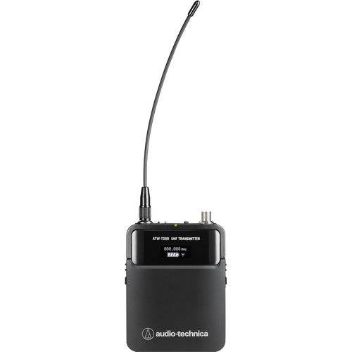 Audio-Technica ATW-T3202 DE2 bodypack wireless transmitter rear view, black chassis with flexible antenna extending upward, OLED display showing 487.500 frequency, RF High power, and mute off status, cH connector input, Audio-Technica branding