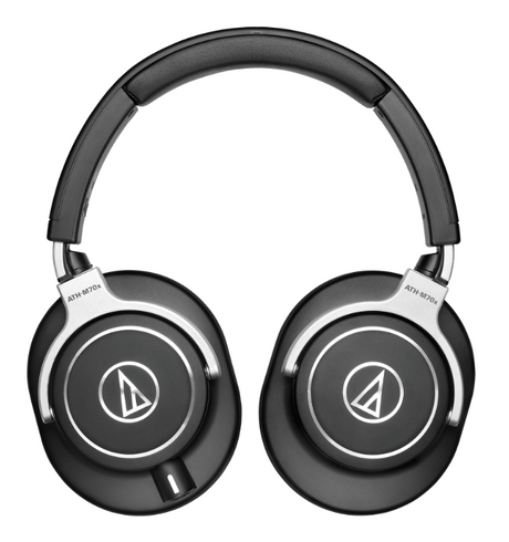 Audio-Technica ATH-M70x professional closed-back monitor headphones with 45mm drivers, 5Hz-40kHz response, swiveling earcups, detachable cables, carrying case, and 6.3mm adapter